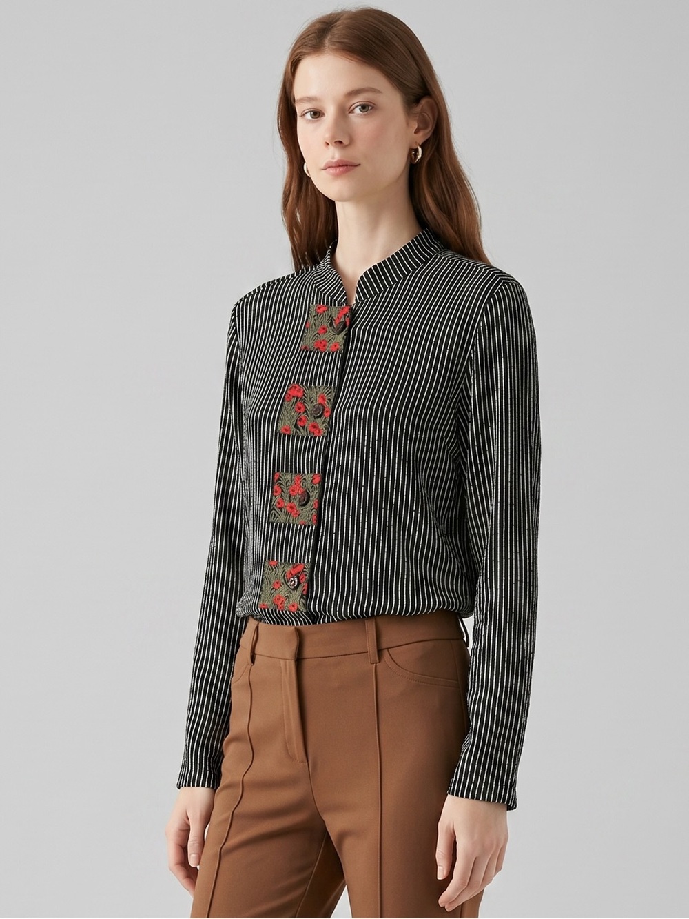 Marla Duran Artsy Striped Black Button-Up Blouse with Red Floral Accents small